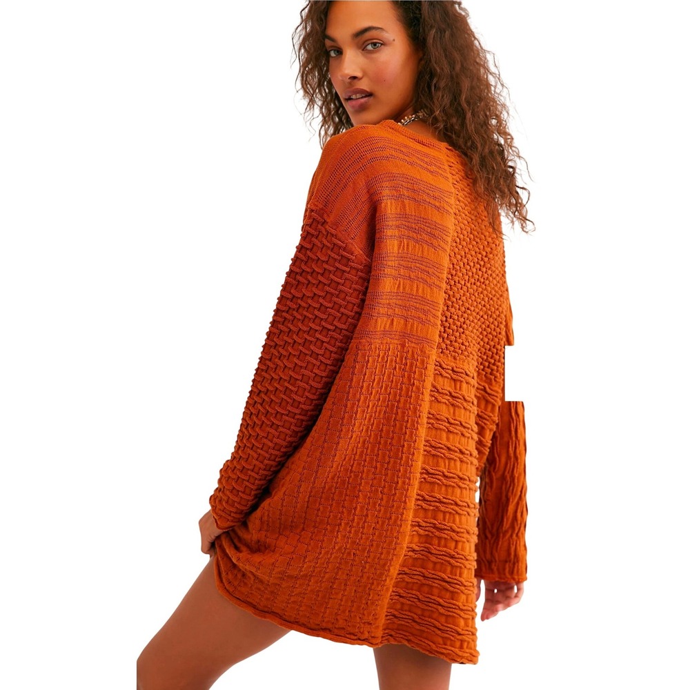 Free People Shes A Keeper Textured Sweater Dress Rust Orange Boho Oversized L - Picture 1 of 14